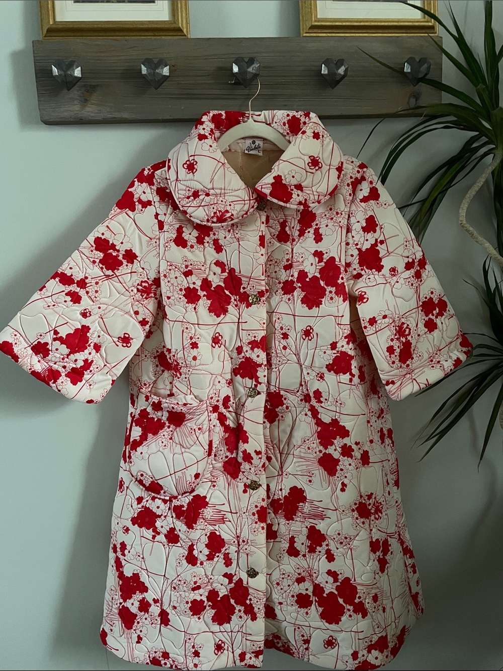 Floral Quilted Coat - Red & Cream